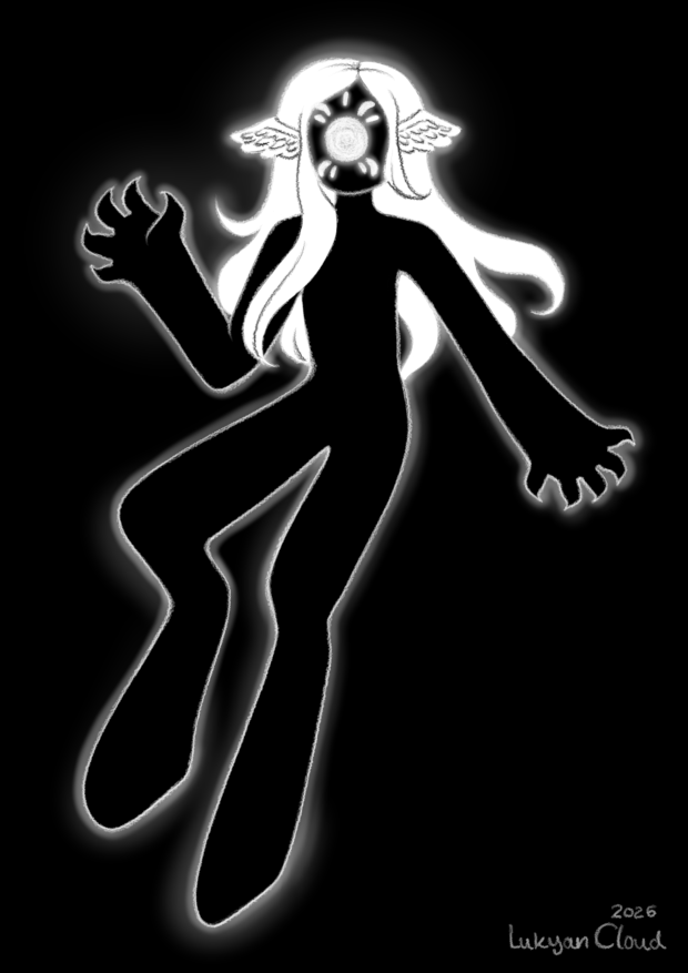a black inhuman yet humanoid figure with white hair, a bright white outline, and very weird hole-like glowing eyes